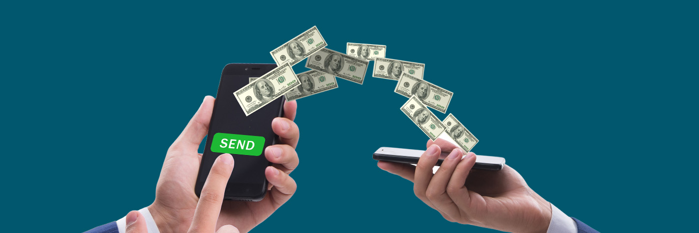 Dinheiro voando de um celular para outro para ilustrar o post sobre vantagens de processos digitalizados em contas a receber